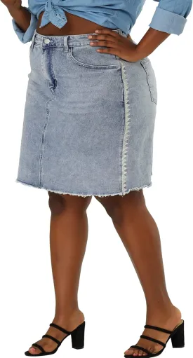 Agnes Orinda Plus Size Denim Skirt for Women Casual Embroidered Midi Distressed Jean Skirts