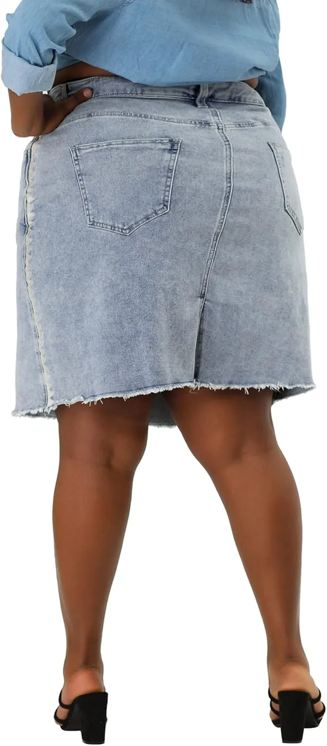 Agnes Orinda Plus Size Denim Skirt for Women Casual Embroidered Midi Distressed Jean Skirts