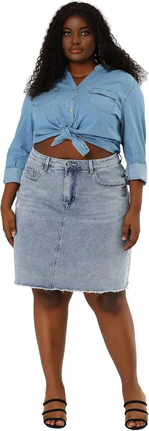 Agnes Orinda Plus Size Denim Skirt for Women Casual Embroidered Midi Distressed Jean Skirts