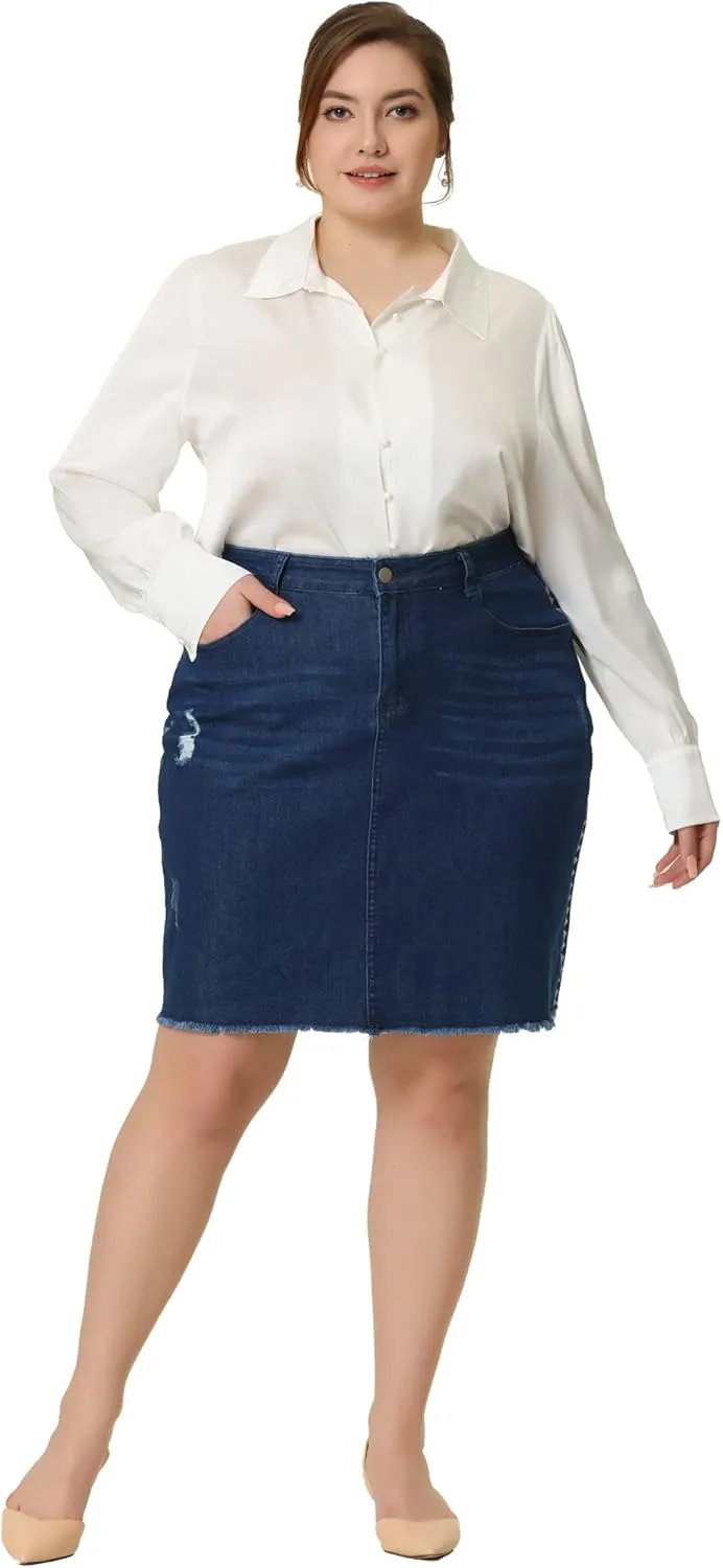 Agnes Orinda Plus Size Denim Skirt for Women Casual Embroidered Midi Distressed Jean Skirts