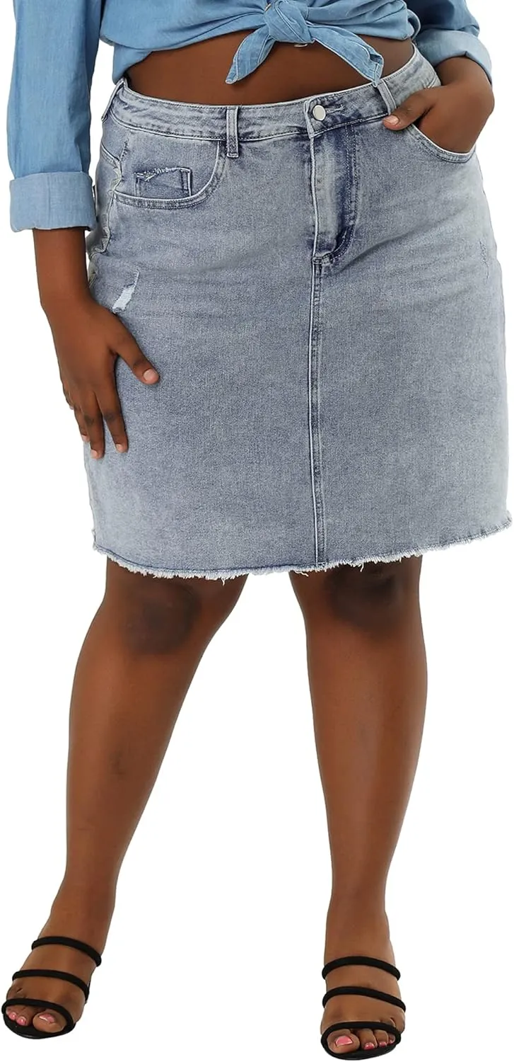 Agnes Orinda Plus Size Denim Skirt for Women Casual Embroidered Midi Distressed Jean Skirts