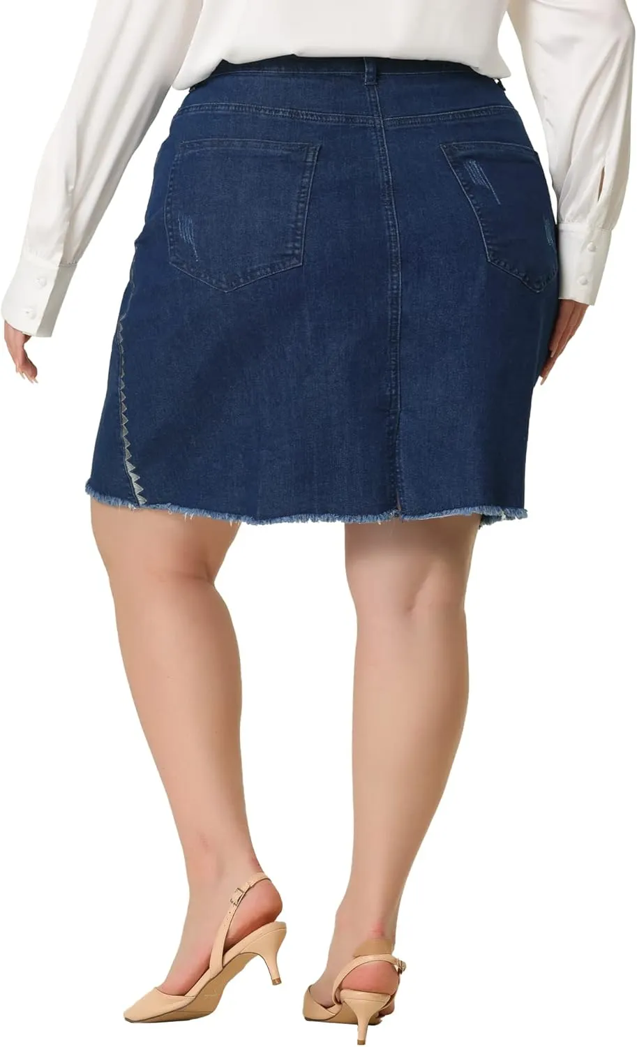 Agnes Orinda Plus Size Denim Skirt for Women Casual Embroidered Midi Distressed Jean Skirts
