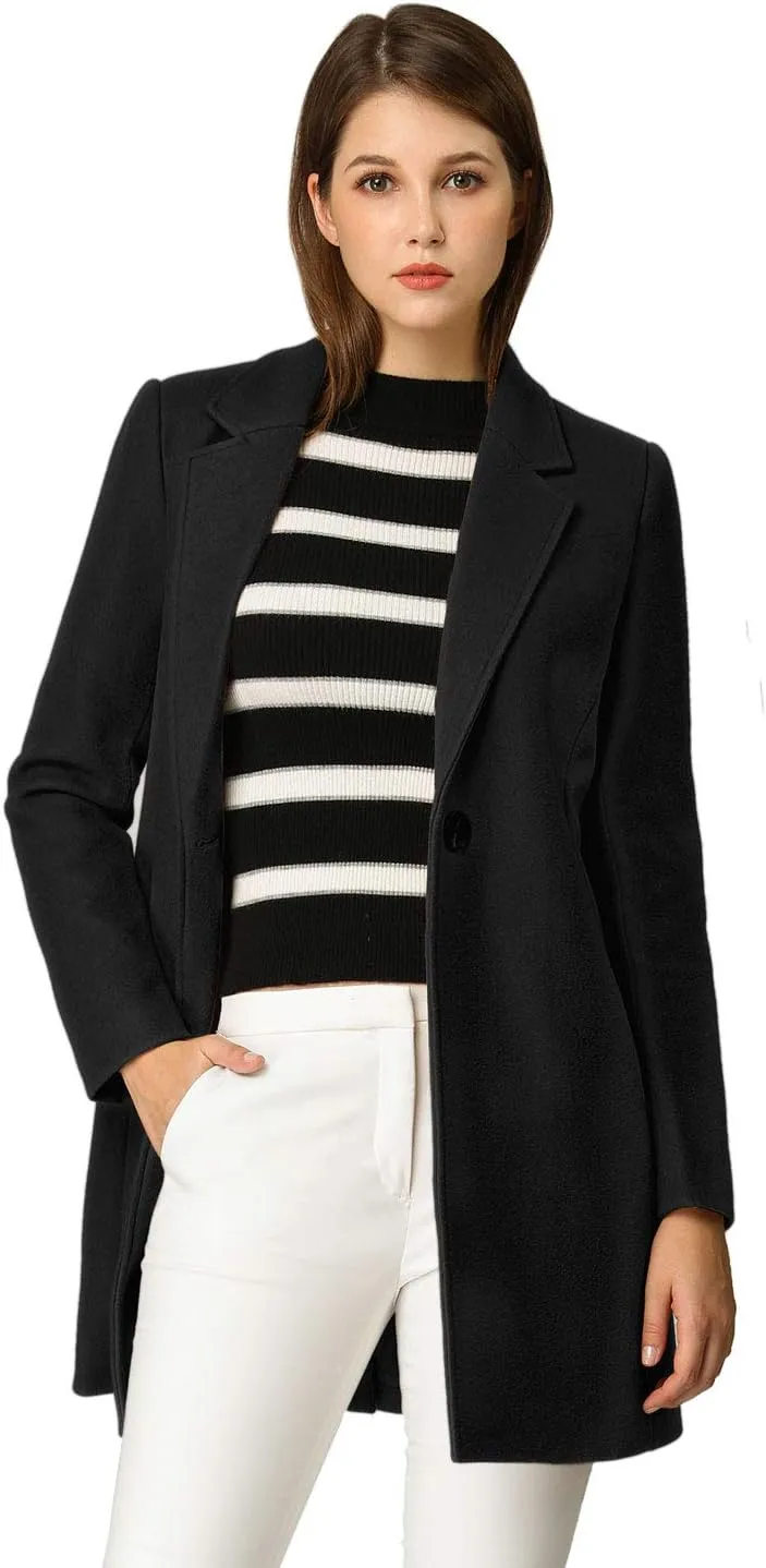 Allegra K Women's Winter Overcoat Notched Lapel Long Sleeve One Buttoned Mid-Length Long Coat