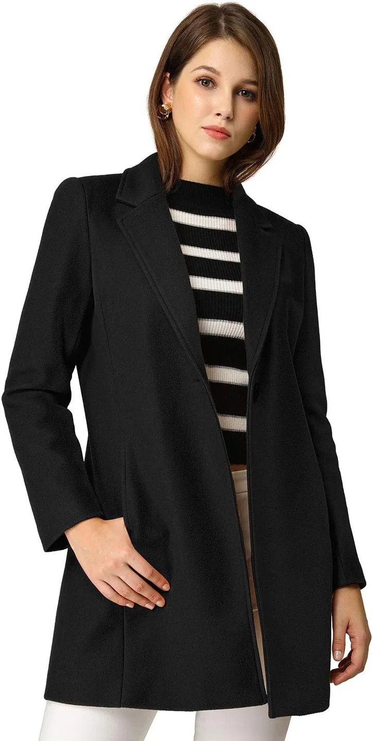 Allegra K Women's Winter Overcoat Notched Lapel Long Sleeve One Buttoned Mid-Length Long Coat