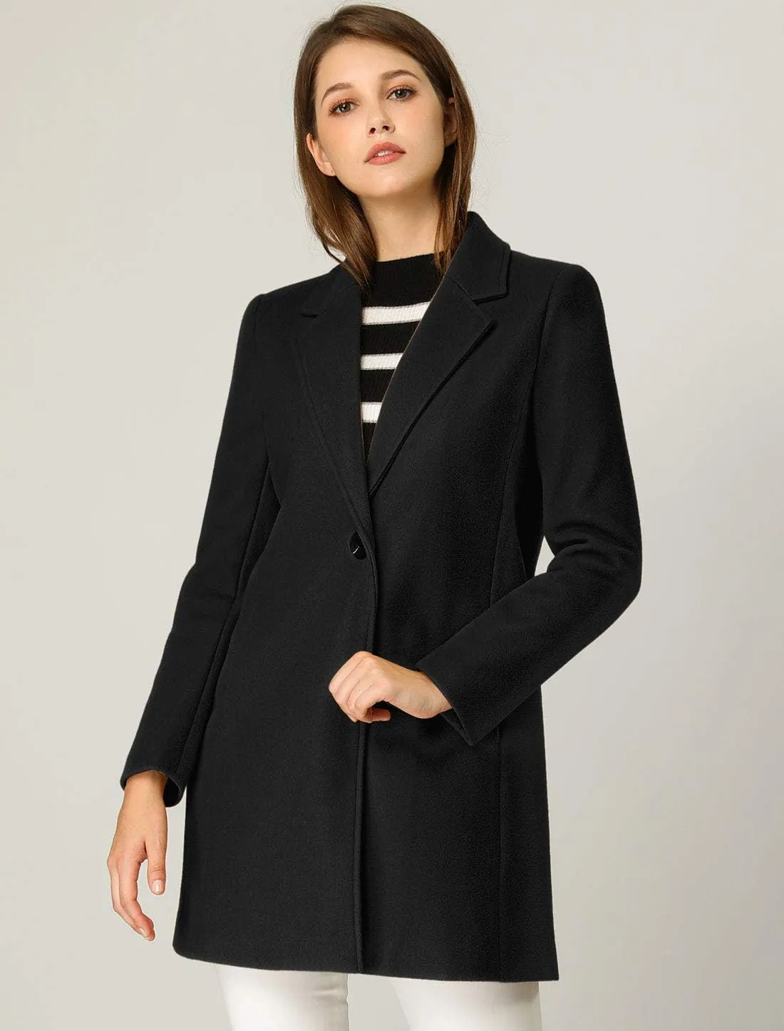 Allegra K Women's Winter Overcoat Notched Lapel Long Sleeve One Buttoned Mid-Length Long Coat