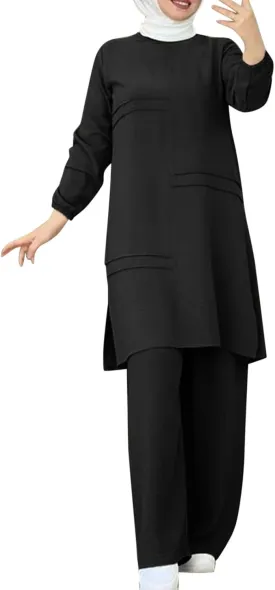 Aniywn Muslim Casual 2 Piece Set for Women Long Sleeve Loose Top Wide Leg Pants Suit Plus Size Outfit Prayer Clothes No Hijab