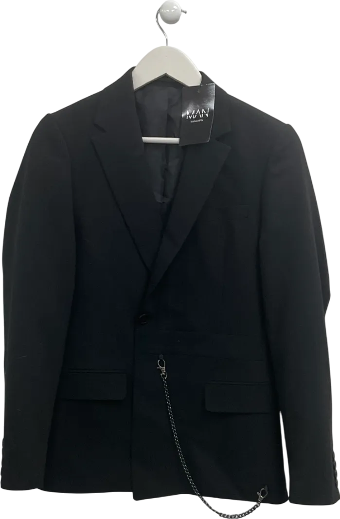 boohooMan Black Double Breasted Skinny Blazer With Chain UK 34" CHEST