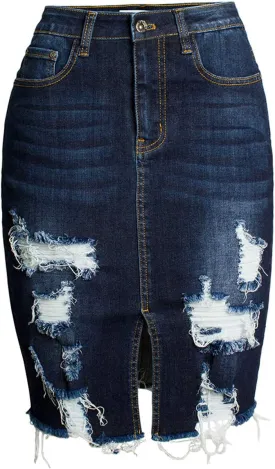 chouyatou Women's Bodycon Front Split Frayed Dark Washed Midi Denim Pencil Skirt