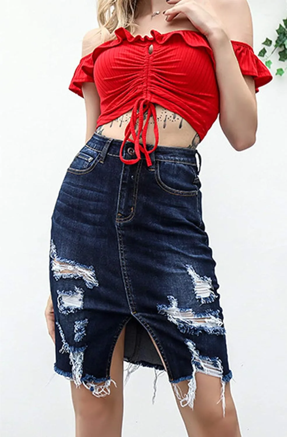 chouyatou Women's Bodycon Front Split Frayed Dark Washed Midi Denim Pencil Skirt