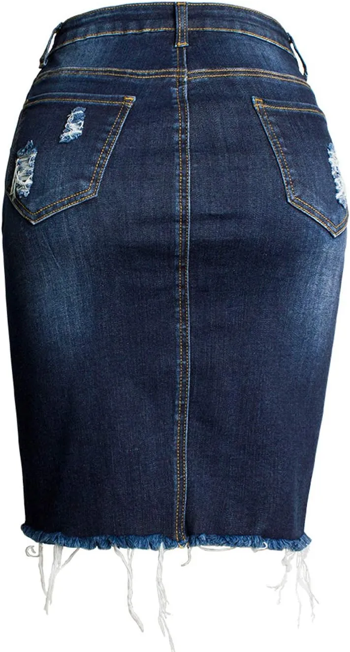 chouyatou Women's Bodycon Front Split Frayed Dark Washed Midi Denim Pencil Skirt
