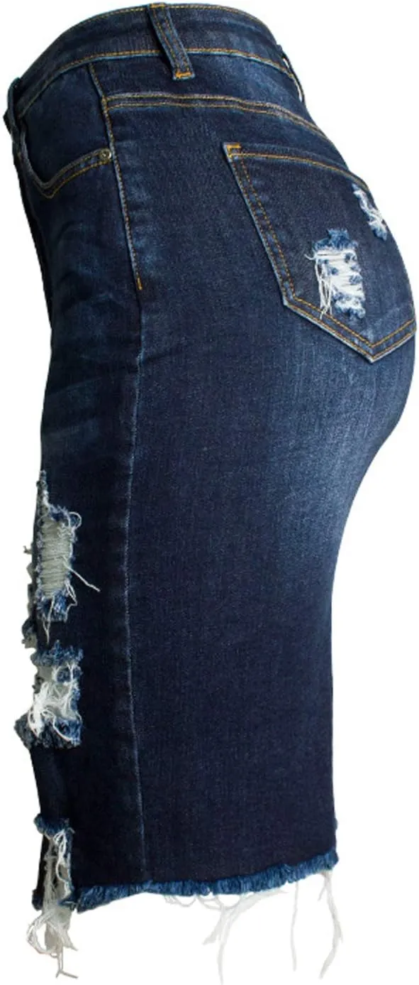 chouyatou Women's Bodycon Front Split Frayed Dark Washed Midi Denim Pencil Skirt