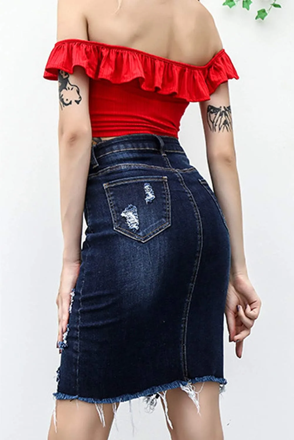 chouyatou Women's Bodycon Front Split Frayed Dark Washed Midi Denim Pencil Skirt