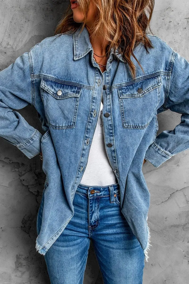 chouyatou Women's Distressed Oversize Frayed Hem Trucker Denim Jean Jacket Shirt Shacket