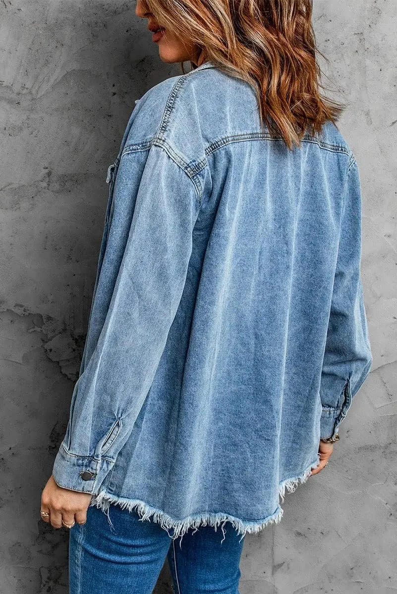 chouyatou Women's Distressed Oversize Frayed Hem Trucker Denim Jean Jacket Shirt Shacket