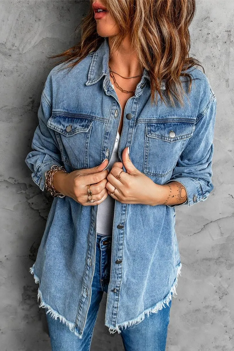chouyatou Women's Distressed Oversize Frayed Hem Trucker Denim Jean Jacket Shirt Shacket