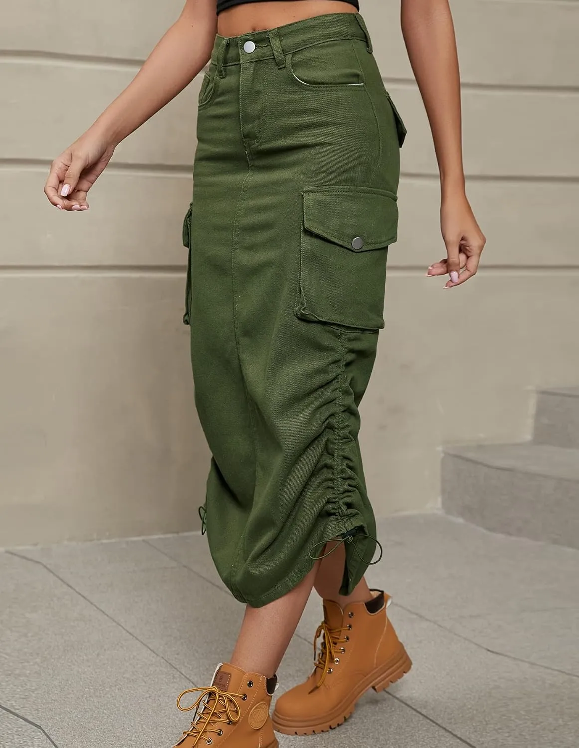 chouyatou Women's Y2K Cargo Skirt Jean Adjustable Casual A-Line Midi Long Denim Skirt