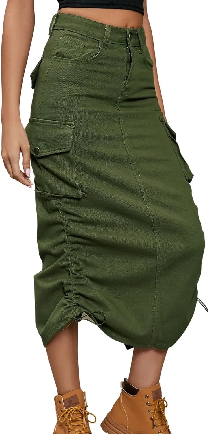 chouyatou Women's Y2K Cargo Skirt Jean Adjustable Casual A-Line Midi Long Denim Skirt