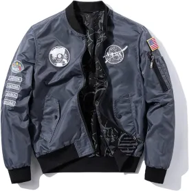 CORIRESHA Reversible NASA Bomber Jacket with Embroidery Badges