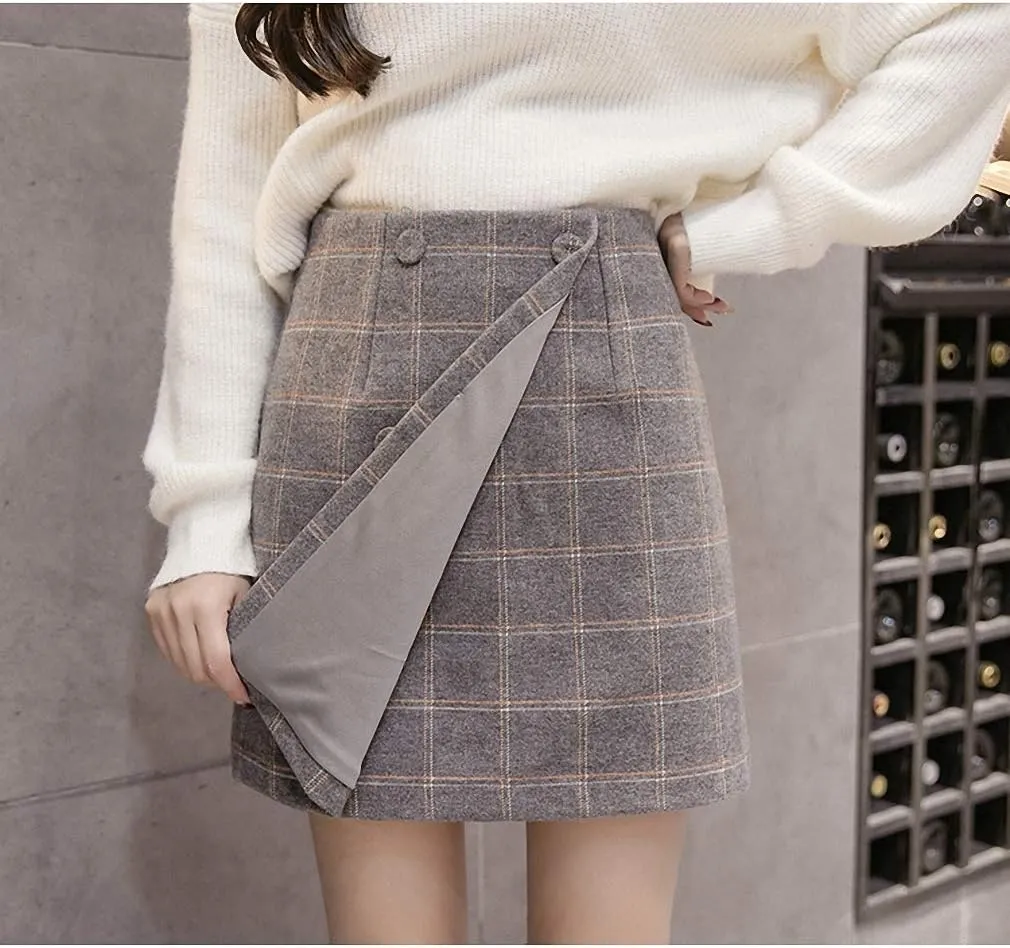 Dawery Autumn Winter Plaid Wool Skirt Women's Short Skirt Mini A-Line Woolen Skirts Vintage Office Ladies