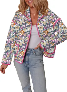 Dokotoo Warm Quilted Jackets for Women Long Sleeve Floral Print Button Down Puffer Jacket Coats with Pockets