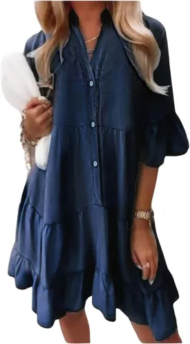ebossy Women's Summer Casual 3/4 Sleeve Ruffle Jean Dress Tiered Flowy Button Down Shirt Dress 2025 Trendy Outftis