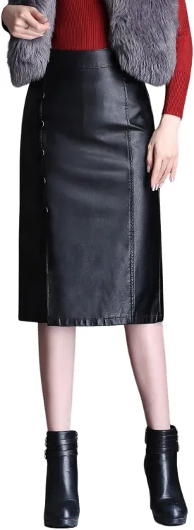 ebossy Women's Y2K PU High waist A-line Black Faux Leather Skirt Bodycon Hem Slit Mid Length Hip Lift Claasic Pencil Skirt