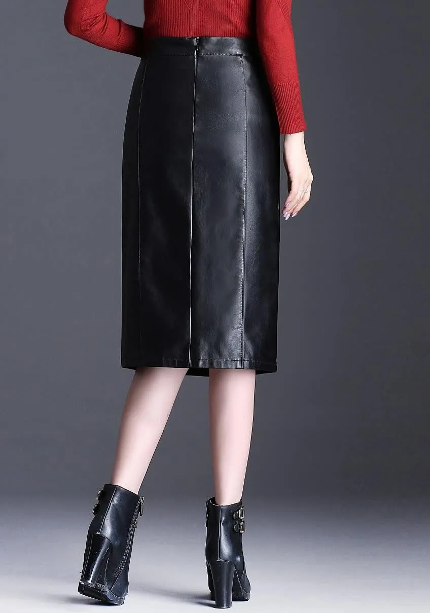ebossy Women's Y2K PU High waist A-line Black Faux Leather Skirt Bodycon Hem Slit Mid Length Hip Lift Claasic Pencil Skirt