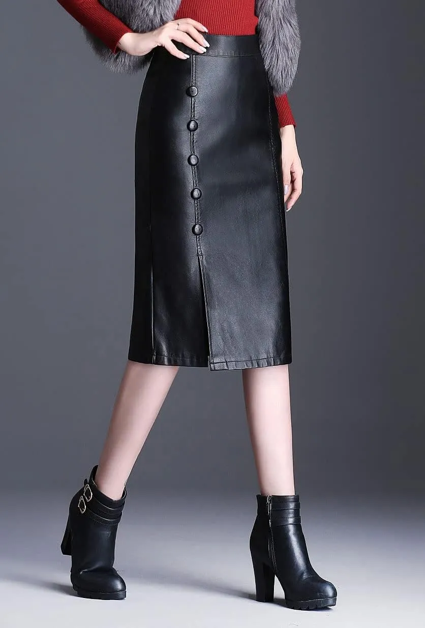 ebossy Women's Y2K PU High waist A-line Black Faux Leather Skirt Bodycon Hem Slit Mid Length Hip Lift Claasic Pencil Skirt