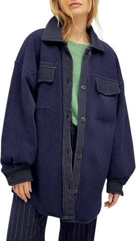Fisoew Womens Oversized Long Sleeve Button Down Shirt Jacket Soft Comfy Casual Shacket Coats with Pockets