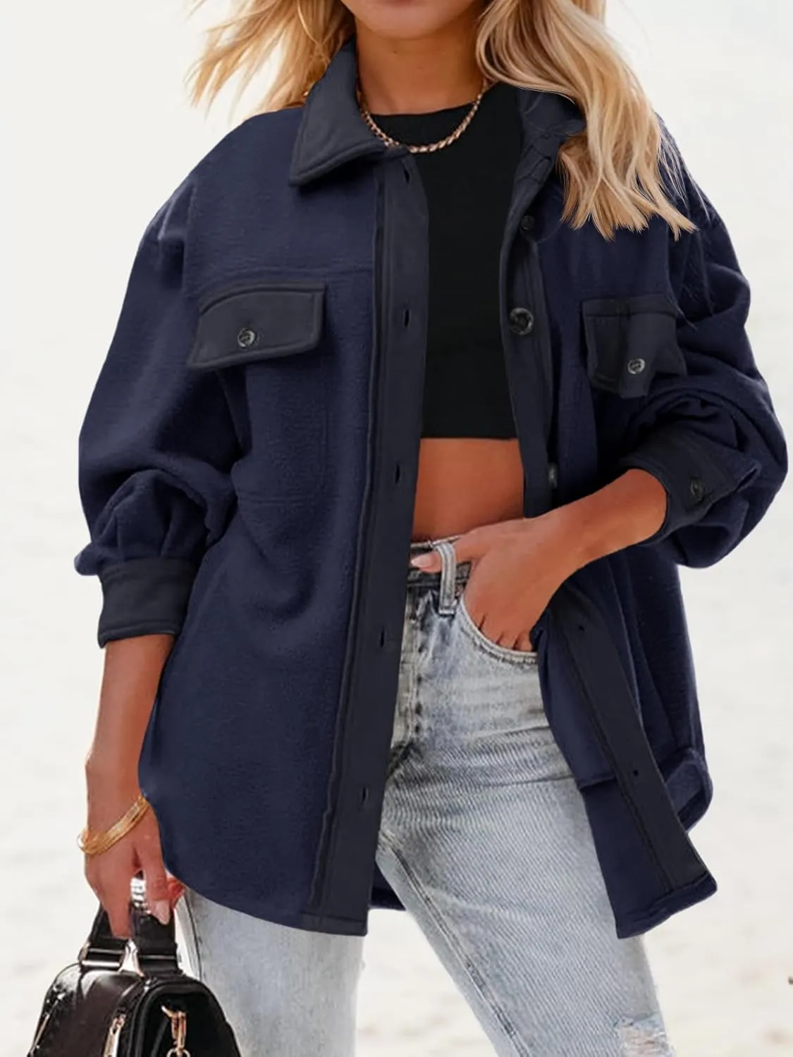 Fisoew Womens Oversized Long Sleeve Button Down Shirt Jacket Soft Comfy Casual Shacket Coats with Pockets