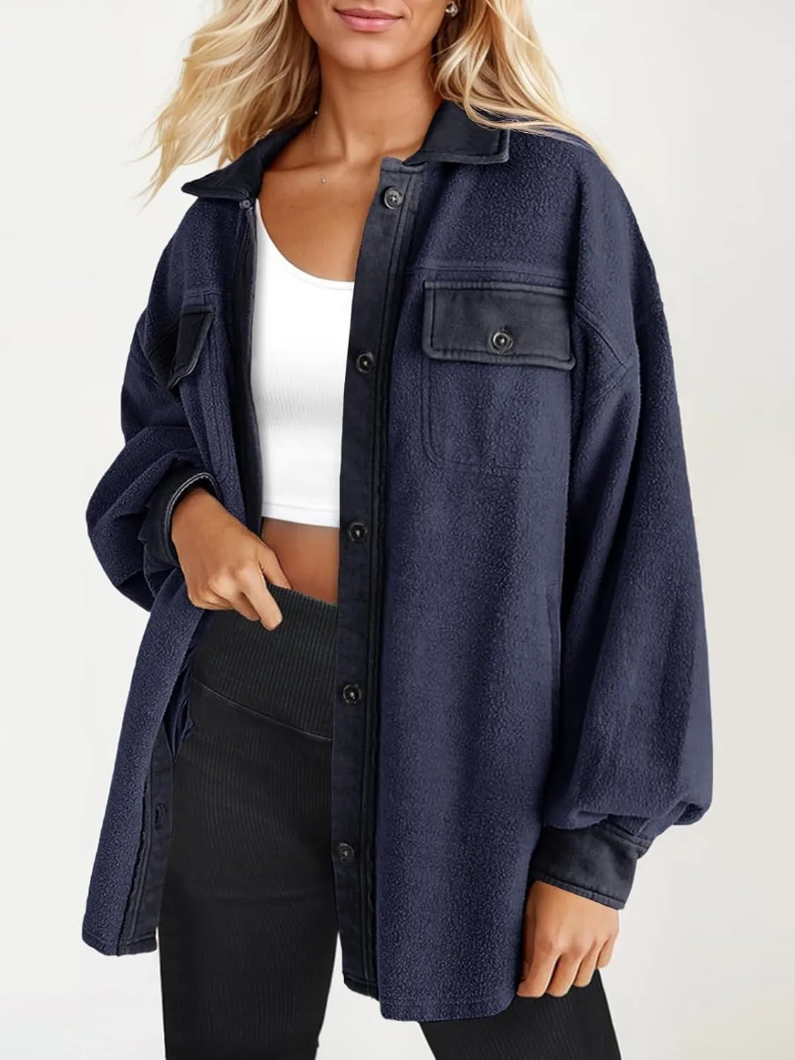 Fisoew Womens Oversized Long Sleeve Button Down Shirt Jacket Soft Comfy Casual Shacket Coats with Pockets