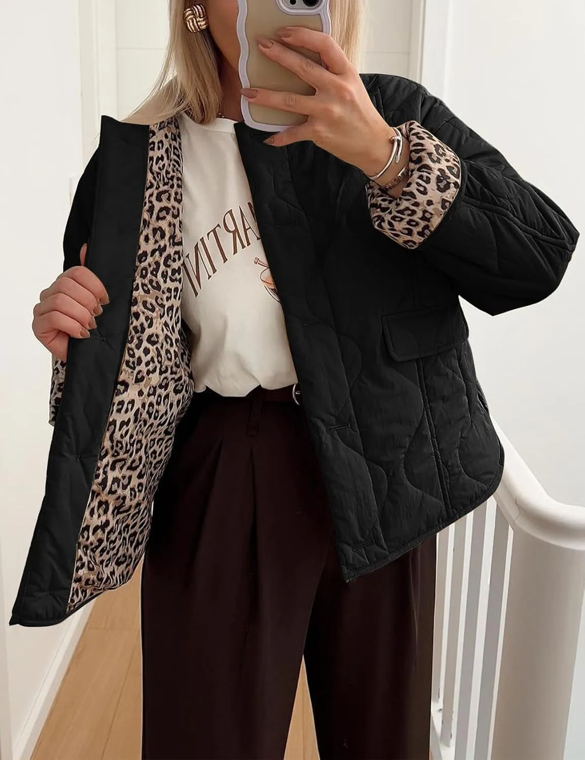 Flygo Women's Casual Quilted Puffer Jacket Leopard Lined Collarless Cropped Button Down Winter Warm Lightweight Bomber Coat