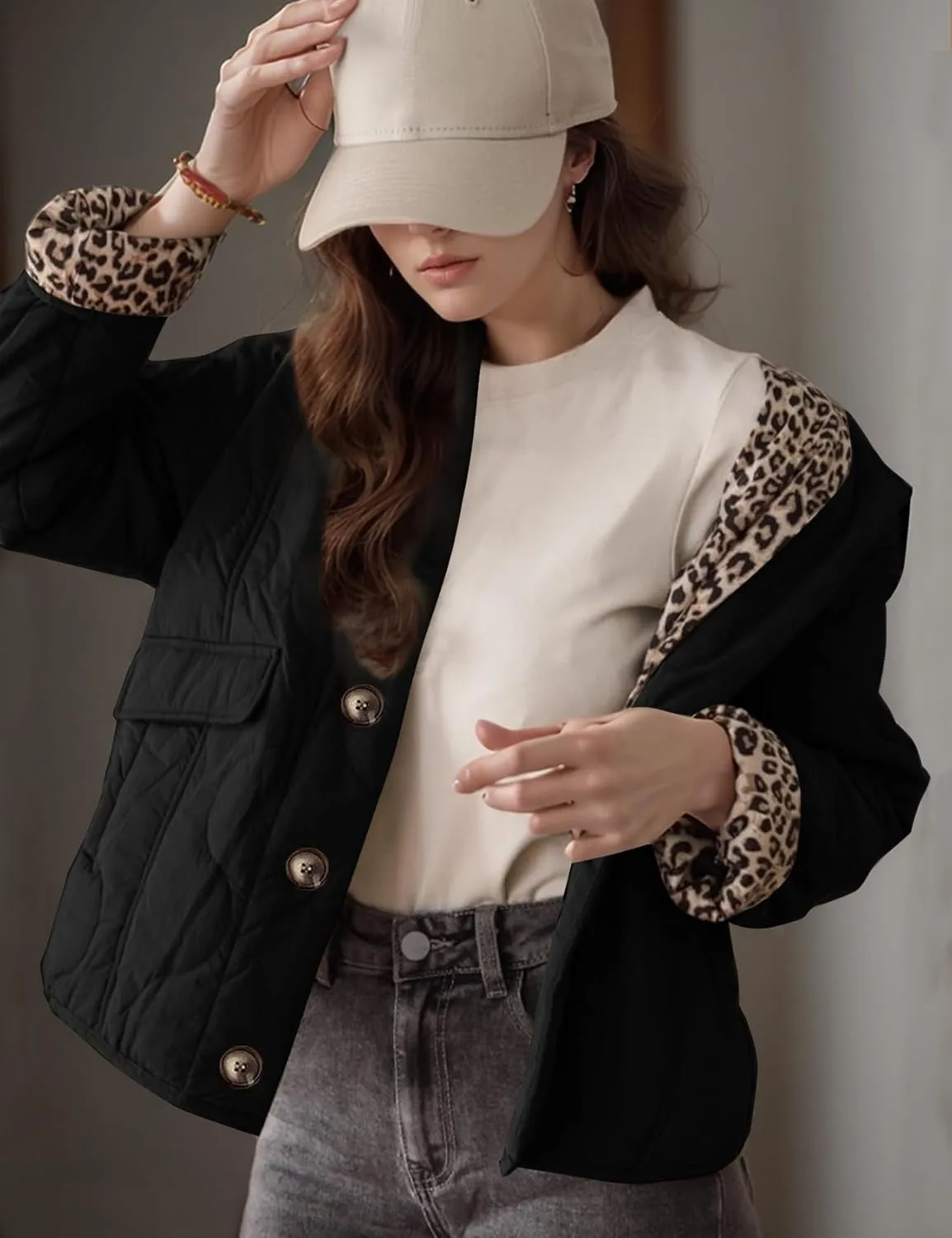 Flygo Women's Casual Quilted Puffer Jacket Leopard Lined Collarless Cropped Button Down Winter Warm Lightweight Bomber Coat