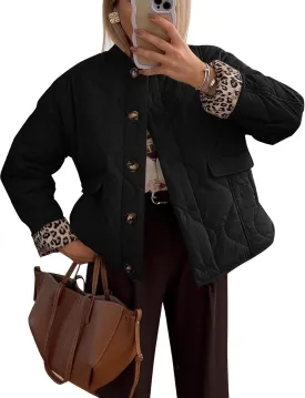 Flygo Women's Casual Quilted Puffer Jacket Leopard Lined Collarless Cropped Button Down Winter Warm Lightweight Bomber Coat
