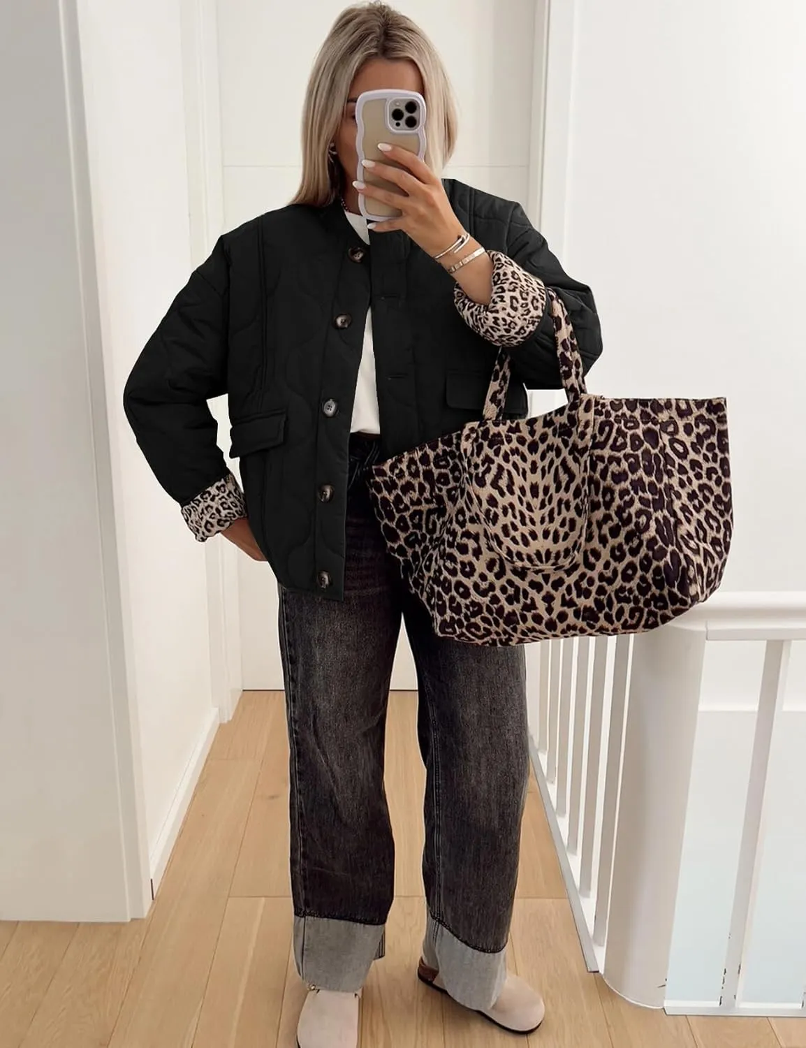Flygo Women's Casual Quilted Puffer Jacket Leopard Lined Collarless Cropped Button Down Winter Warm Lightweight Bomber Coat