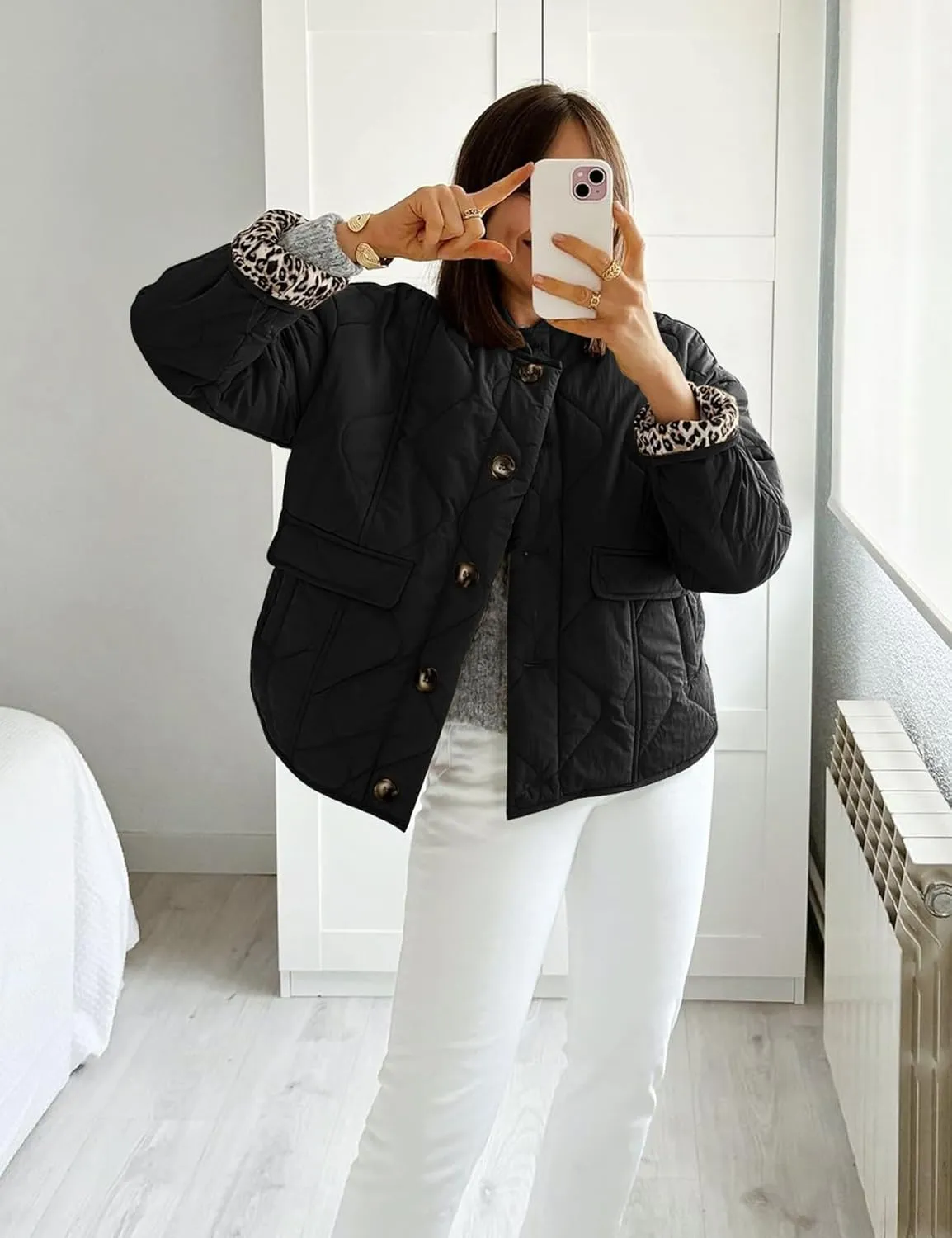 Flygo Women's Casual Quilted Puffer Jacket Leopard Lined Collarless Cropped Button Down Winter Warm Lightweight Bomber Coat