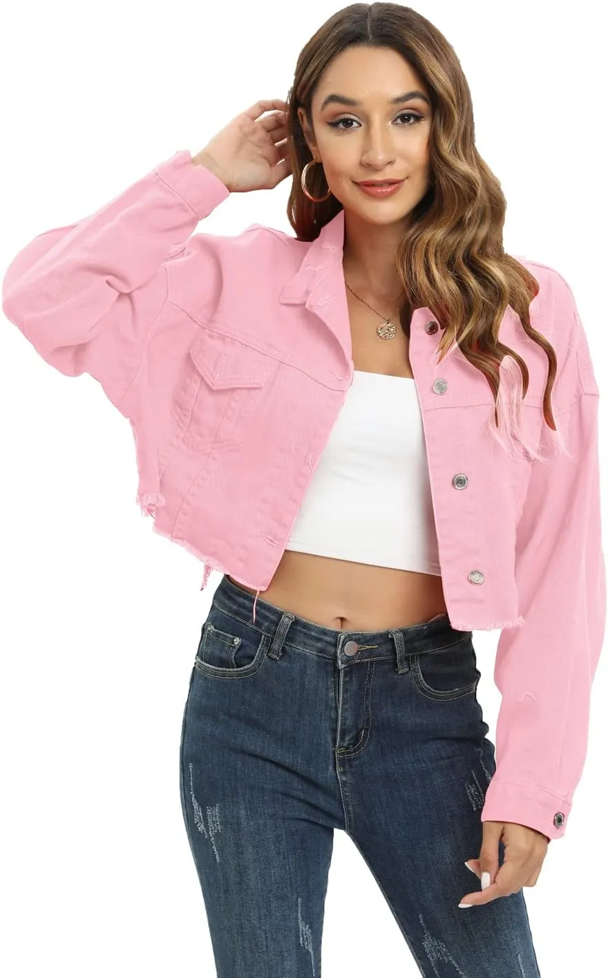 Gacaky Womens Casual Solid Color Ripped Distressed Cropped Denim Jean Jacket Coat With Frayed Hem
