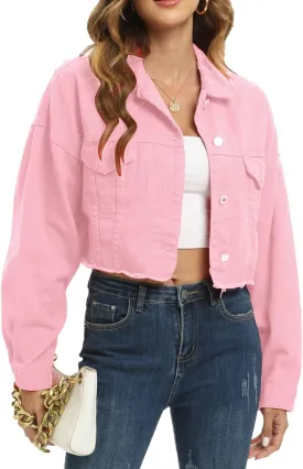 Gacaky Womens Casual Solid Color Ripped Distressed Cropped Denim Jean Jacket Coat With Frayed Hem