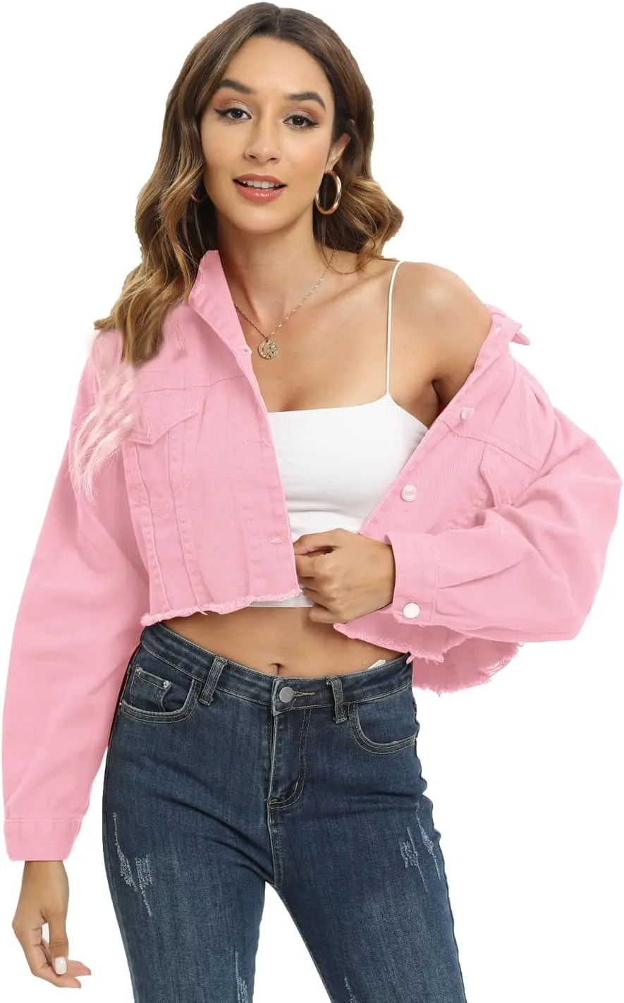 Gacaky Womens Casual Solid Color Ripped Distressed Cropped Denim Jean Jacket Coat With Frayed Hem