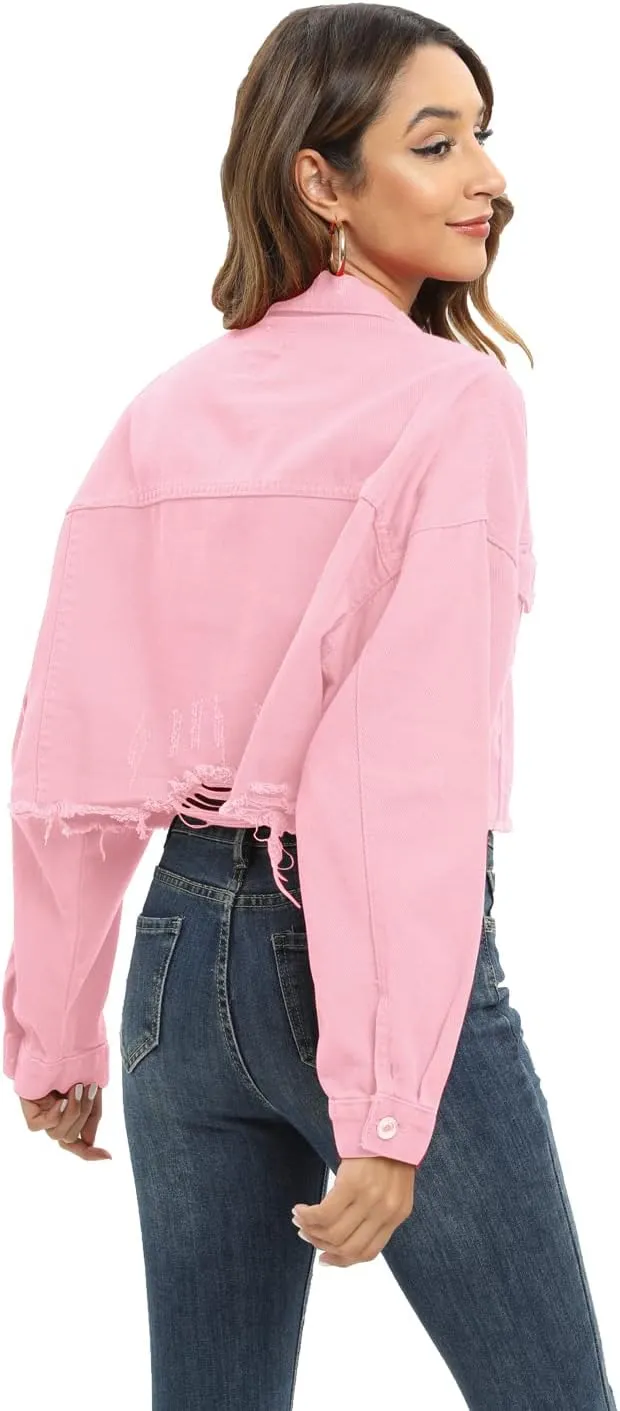 Gacaky Womens Casual Solid Color Ripped Distressed Cropped Denim Jean Jacket Coat With Frayed Hem