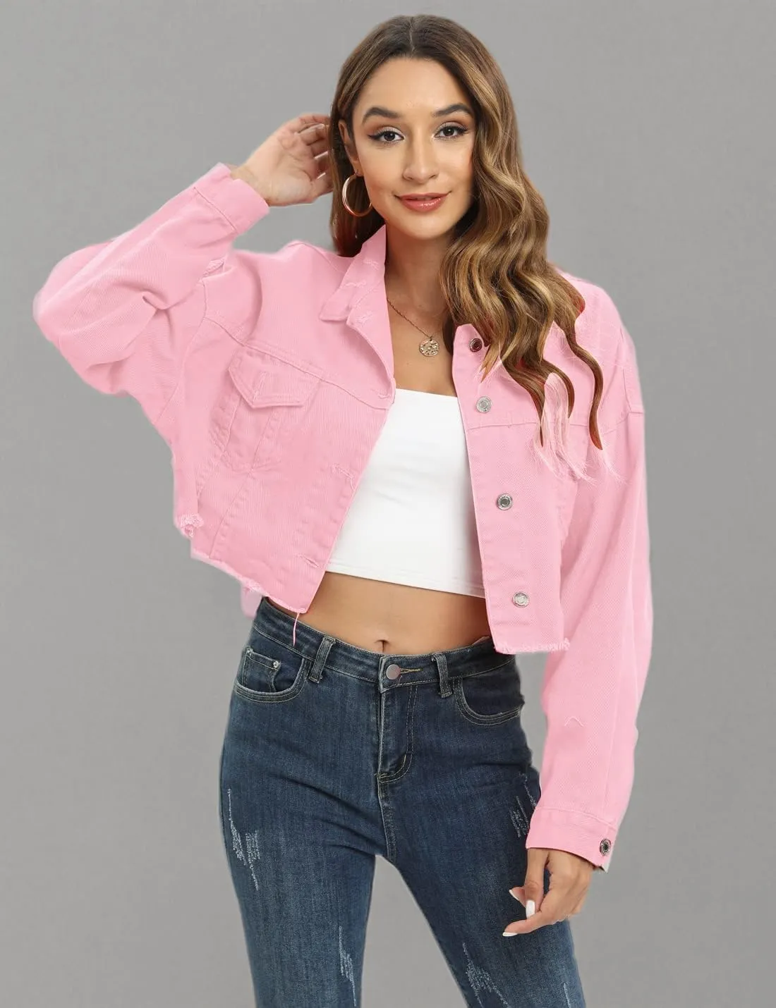 Gacaky Womens Casual Solid Color Ripped Distressed Cropped Denim Jean Jacket Coat With Frayed Hem