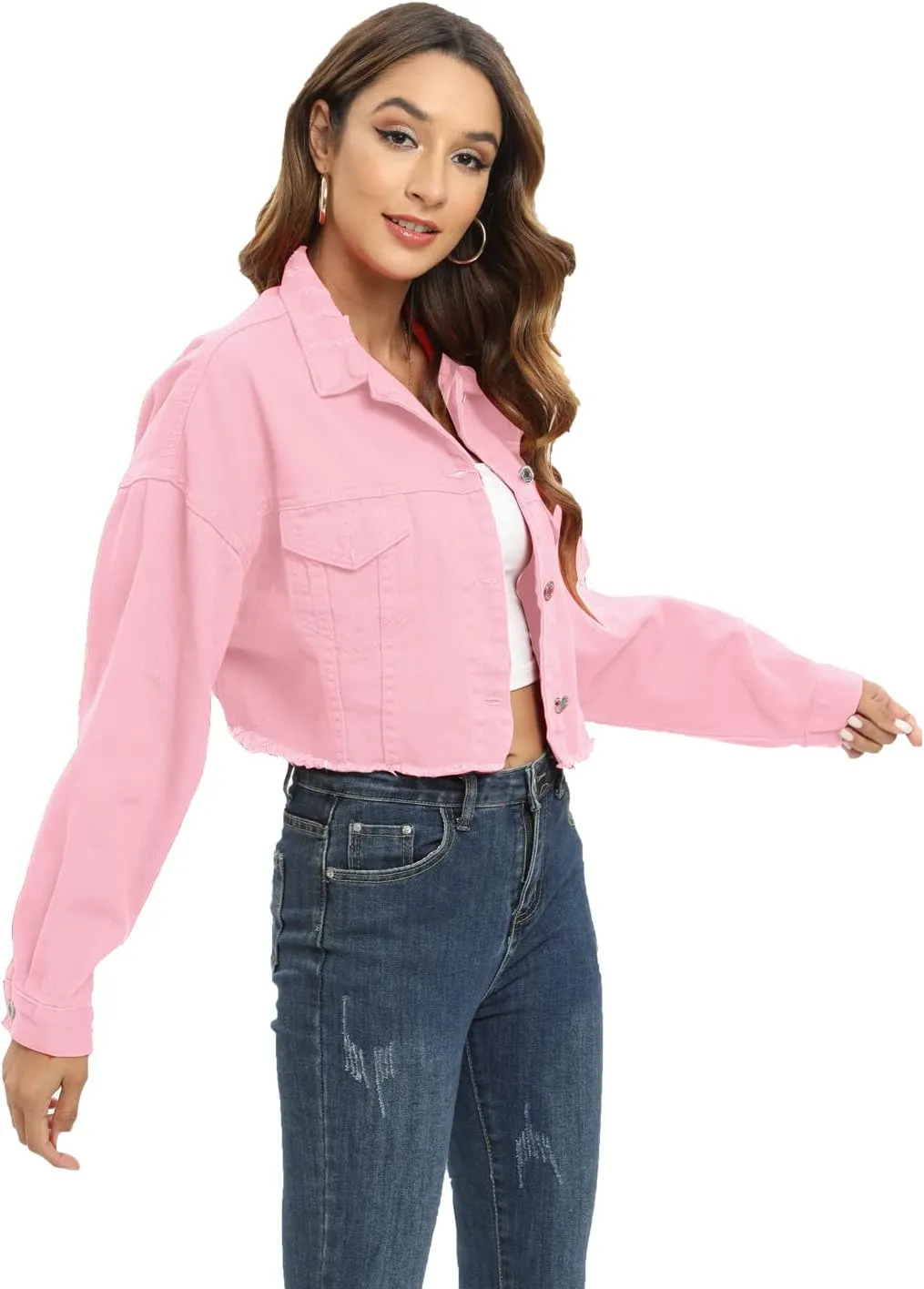 Gacaky Womens Casual Solid Color Ripped Distressed Cropped Denim Jean Jacket Coat With Frayed Hem