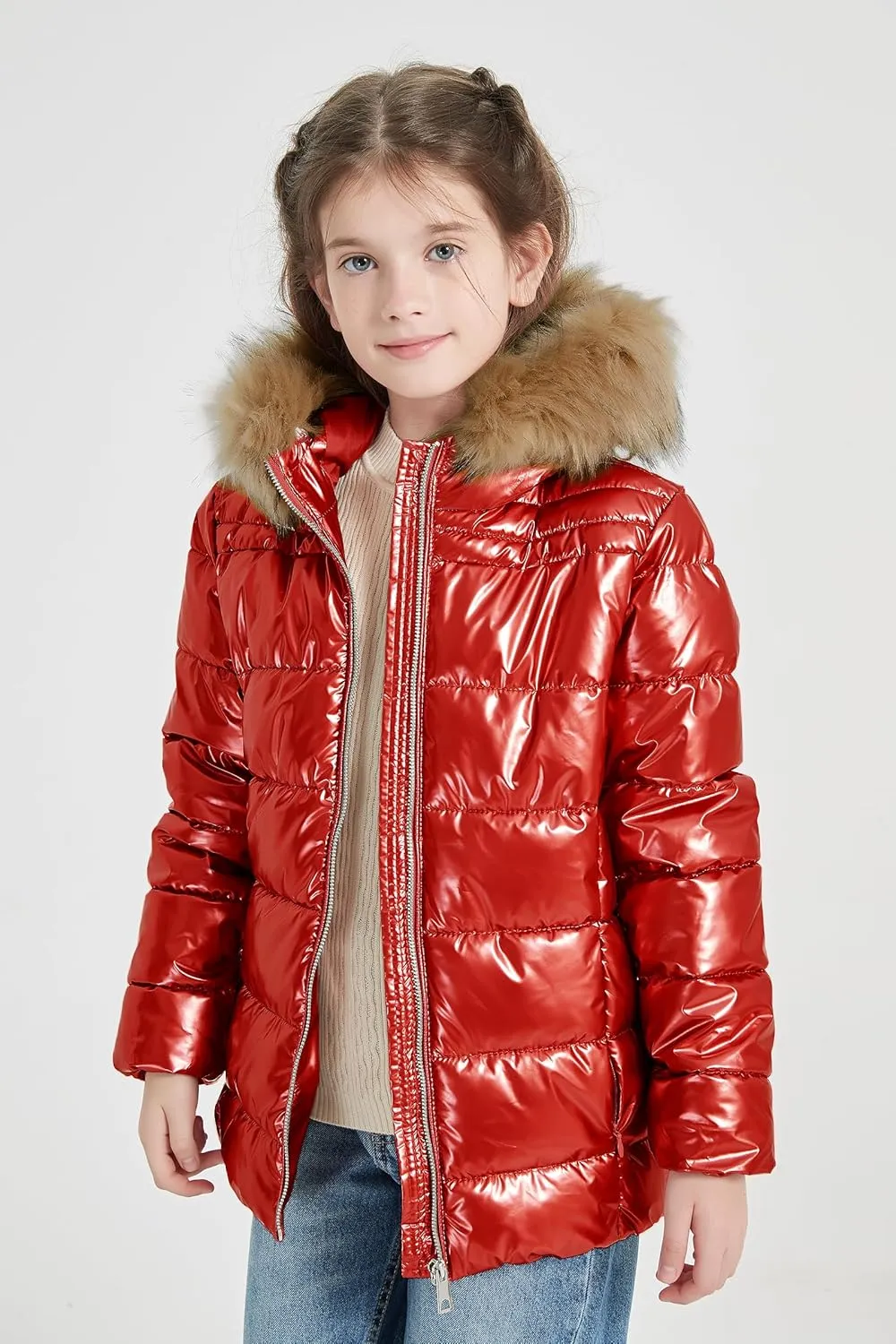 Giolshon Winter Girls Thickened Puffer coat shining Padded jacket Kids Ski Snow Outwear with Faux Fur Collar 7695