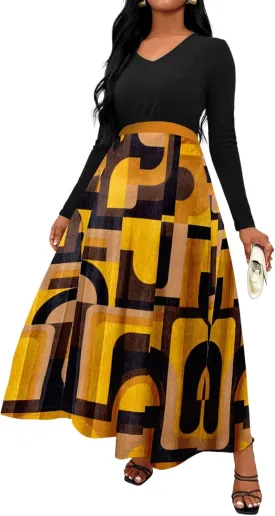 HipGlamp Women's Casual Checkered Color Patchwork Long Sleeve V Neck Loose Maxi Dress Cocktail Party Dress
