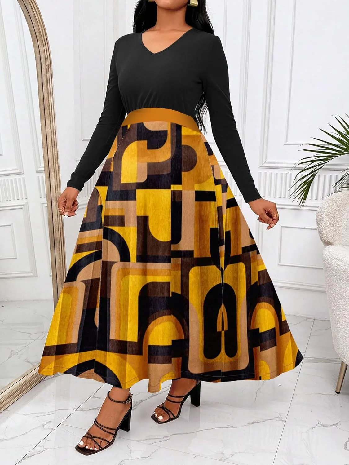 HipGlamp Women's Casual Checkered Color Patchwork Long Sleeve V Neck Loose Maxi Dress Cocktail Party Dress