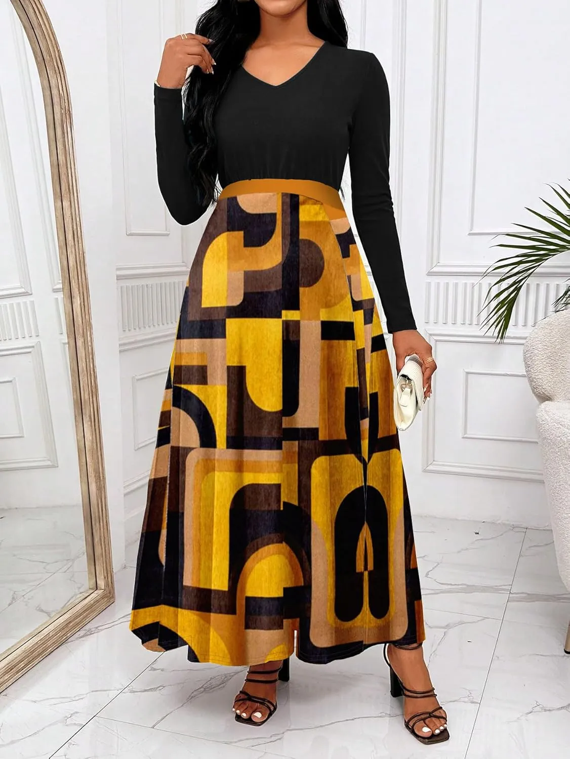 HipGlamp Women's Casual Checkered Color Patchwork Long Sleeve V Neck Loose Maxi Dress Cocktail Party Dress