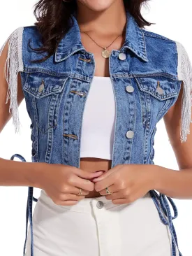 J.Corrine Women's Sleeveless Denim Vest Fringe Hem Crop Jean Jacket Western Cowgirl Outfits for Spring Summer