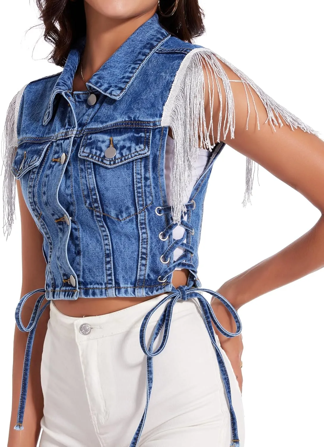 J.Corrine Women's Sleeveless Denim Vest Fringe Hem Crop Jean Jacket Western Cowgirl Outfits for Spring Summer