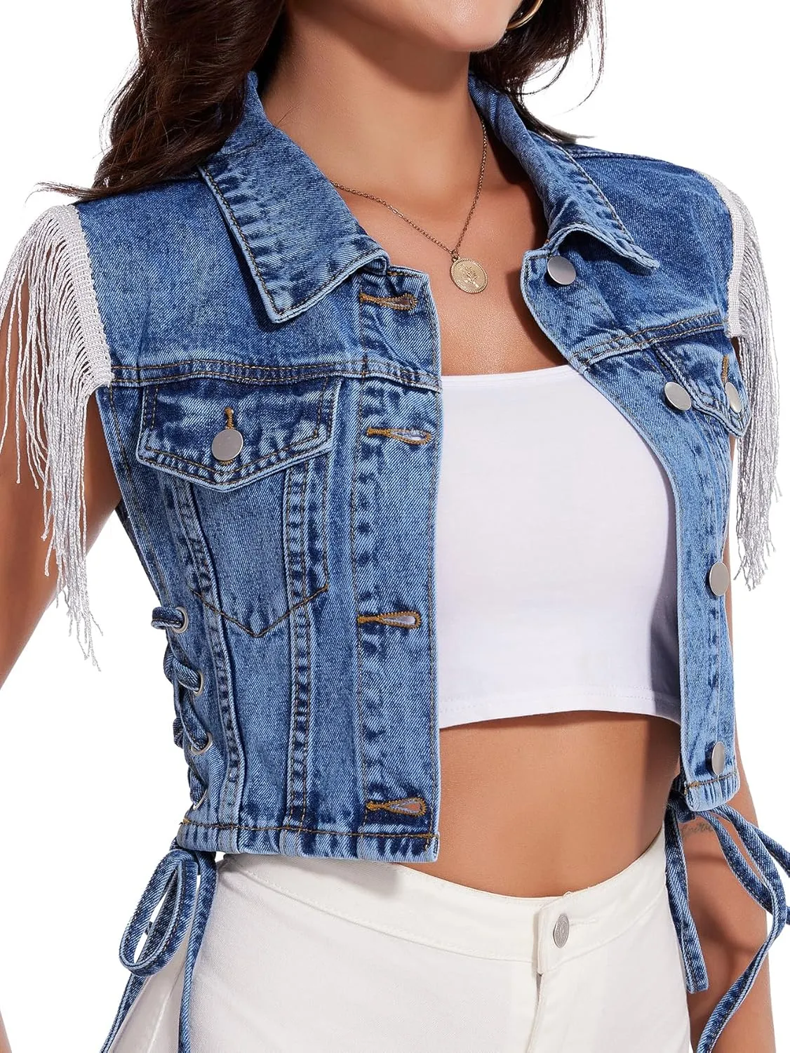 J.Corrine Women's Sleeveless Denim Vest Fringe Hem Crop Jean Jacket Western Cowgirl Outfits for Spring Summer