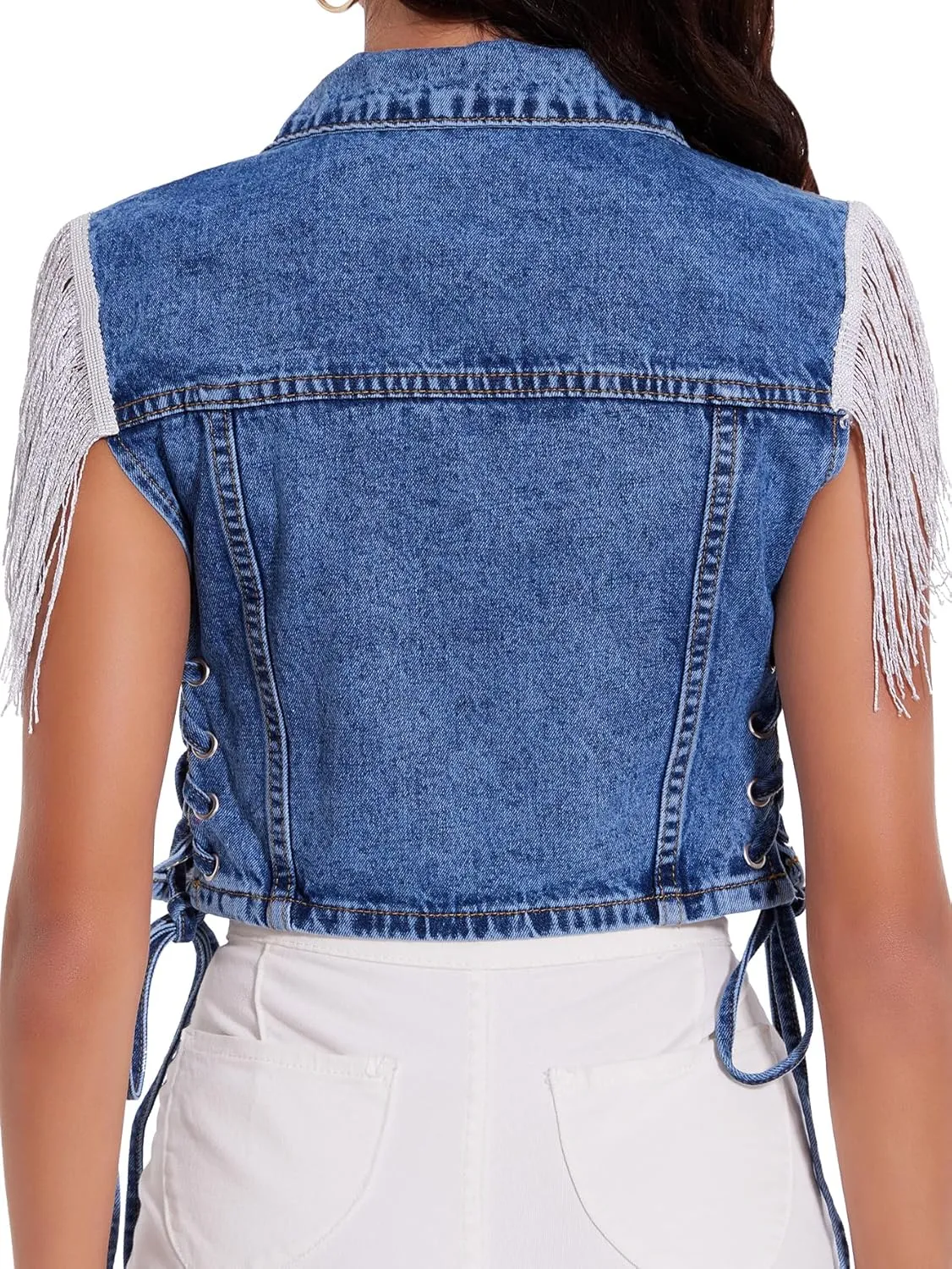 J.Corrine Women's Sleeveless Denim Vest Fringe Hem Crop Jean Jacket Western Cowgirl Outfits for Spring Summer
